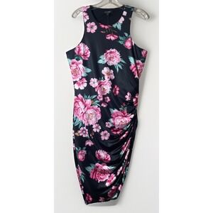 Guess Wrenley Black Floral Printed Knit Body Con Side Ruched Dress Women's M NWT